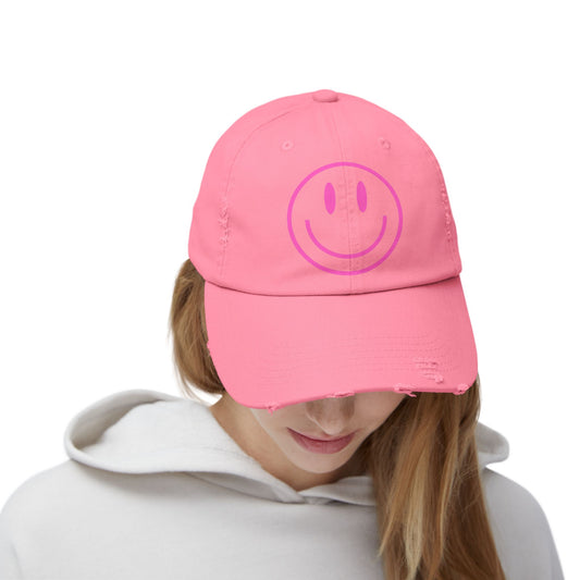 Smiley Face Distressed Cap - Unisex Pink Hat for Casual Vibes