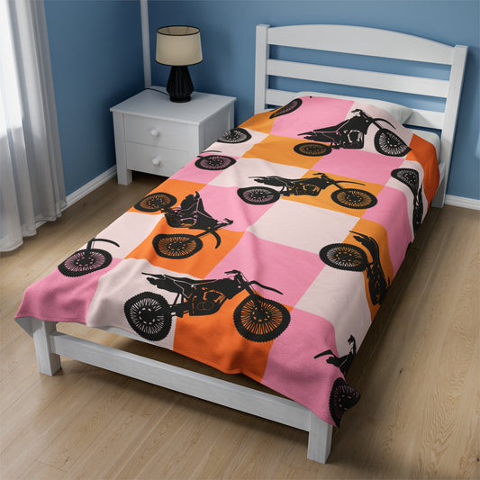 Plush Blanket - Colorful Checkered Design with Dirt Bikes