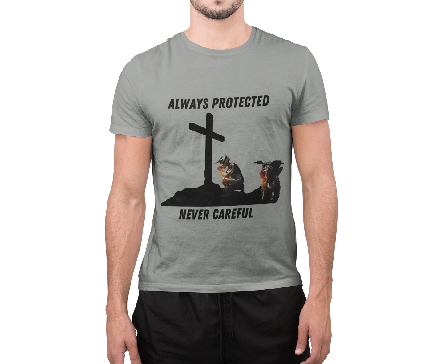 Spiritual Dirt Bike T-Shirt 'Always Protected, Never Careful'