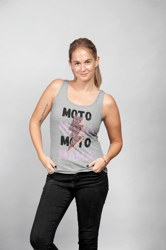 Moto Mama Racerback Tank, Lightning Bolt Tank Top for Women, Ideal Summer Tank, Workout Tank, Yoga Tank, Trendy Graphic Tank