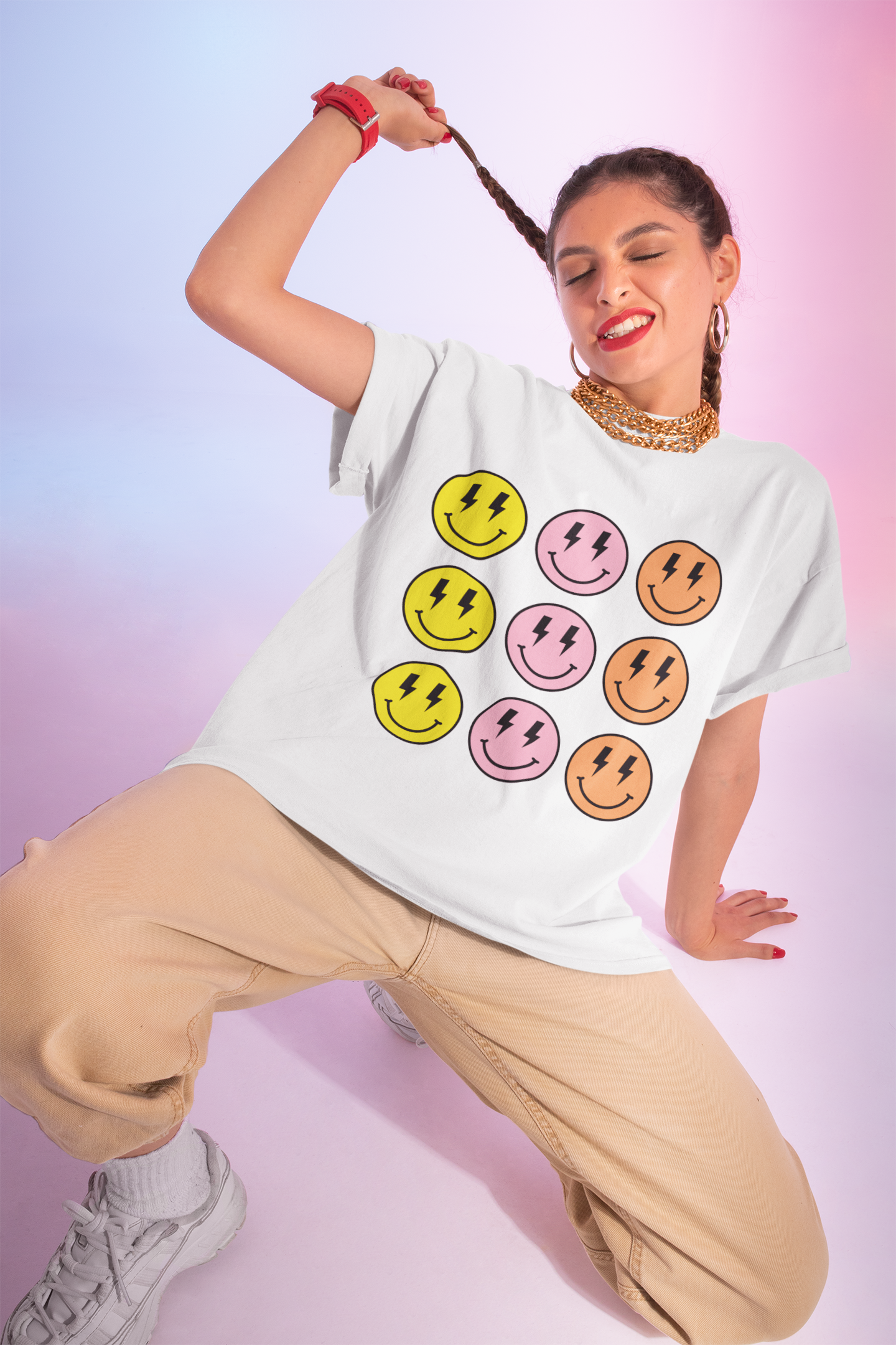 Colorful Smiley Face Lightning Bolt Tee, Happy Face Graphic Shirt, Fun Rainbow Emoji Top, Cool Emoticon Lightning Eyes Tshirt, Women's