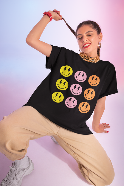 Colorful Smiley Face Lightning Bolt Tee, Happy Face Graphic Shirt, Fun Rainbow Emoji Top, Cool Emoticon Lightning Eyes Tshirt, Women's