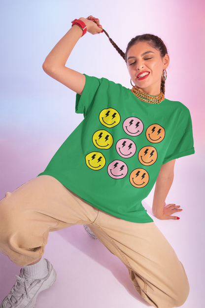 Colorful Smiley Face Lightning Bolt Tee, Happy Face Graphic Shirt, Fun Rainbow Emoji Top, Cool Emoticon Lightning Eyes Tshirt, Women's