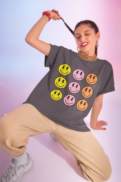 Colorful Smiley Face Lightning Bolt Tee, Happy Face Graphic Shirt, Fun Rainbow Emoji Top, Cool Emoticon Lightning Eyes Tshirt, Women's