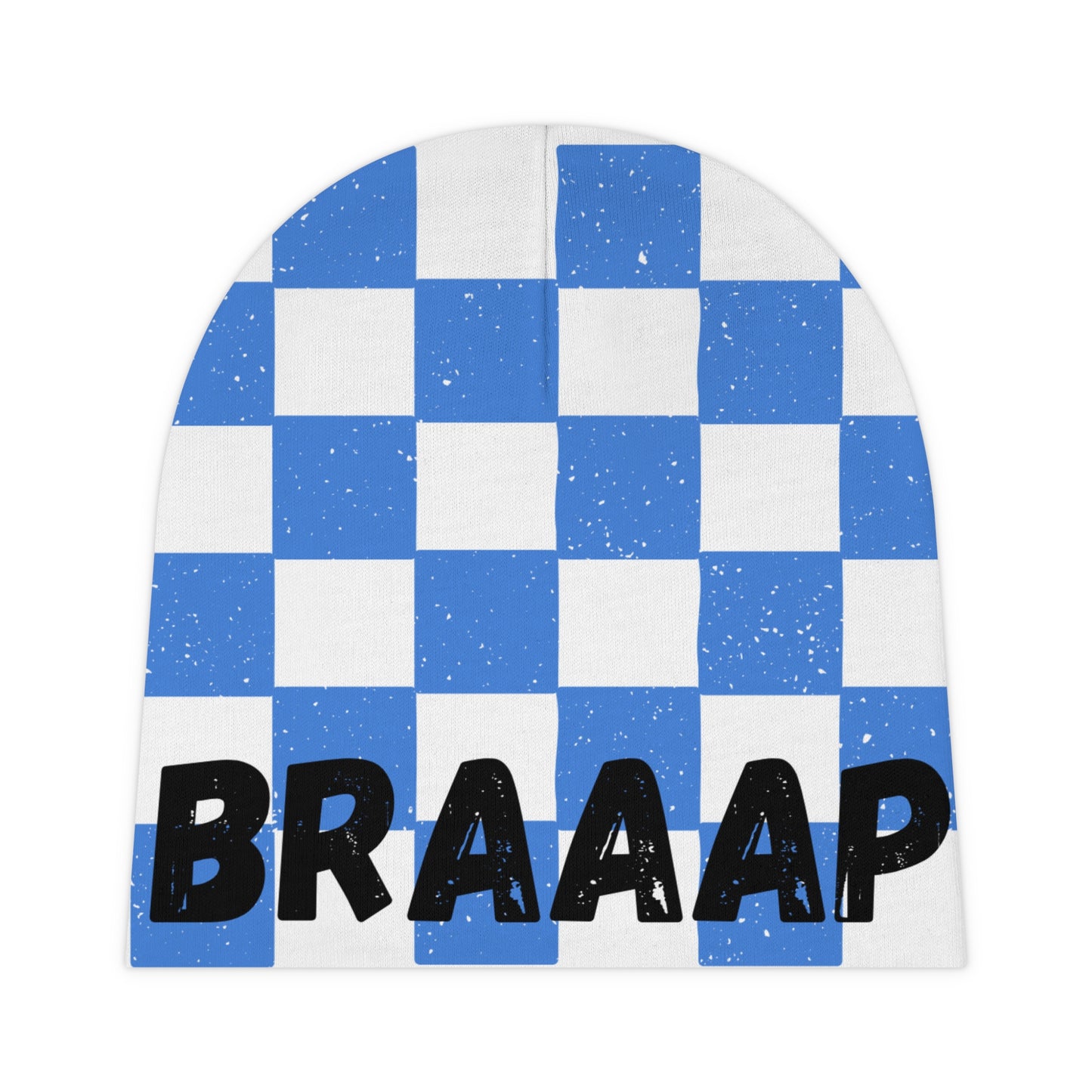 Cute Blue Checkerboard Baby Beanie with 'BRAAAP' Print